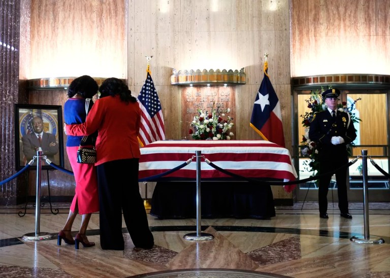 People pay their respects as the remains of U.S. Rep. Sylvester Turner of Texas lie in state at Houston City Hall on Tuesday, March 11, 2025, in Houston. (AP Photo/Ashley Landis)