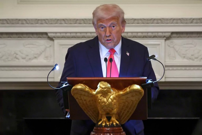 President Donald Trump speaks at the White House Iftar dinner in the State Dining Room of the White House in Washington, Thursday, March 27, 2025.