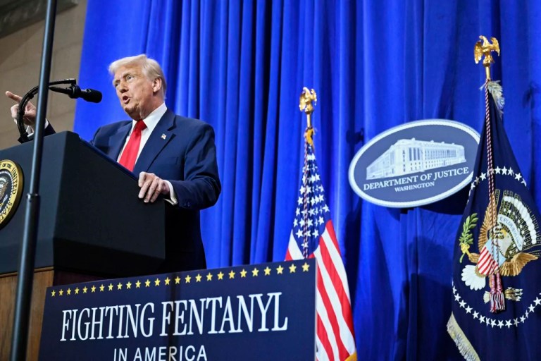 President Donald Trump speaks at the Justice Department in Washington, Friday, March 14, 2025.