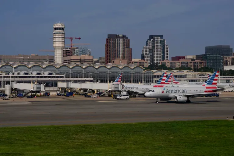 Planes are parked at gates are at Ronald Reagan Washington National Airport