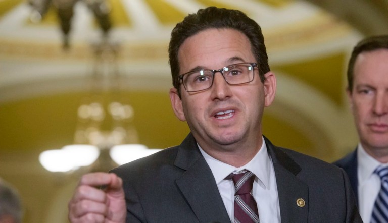 Sen. Brian Schatz (D-HI) speaks during the Senate Democrat policy luncheon press conference at the Capitol, Tuesday, Jan. 21, 2025, in Washington.
