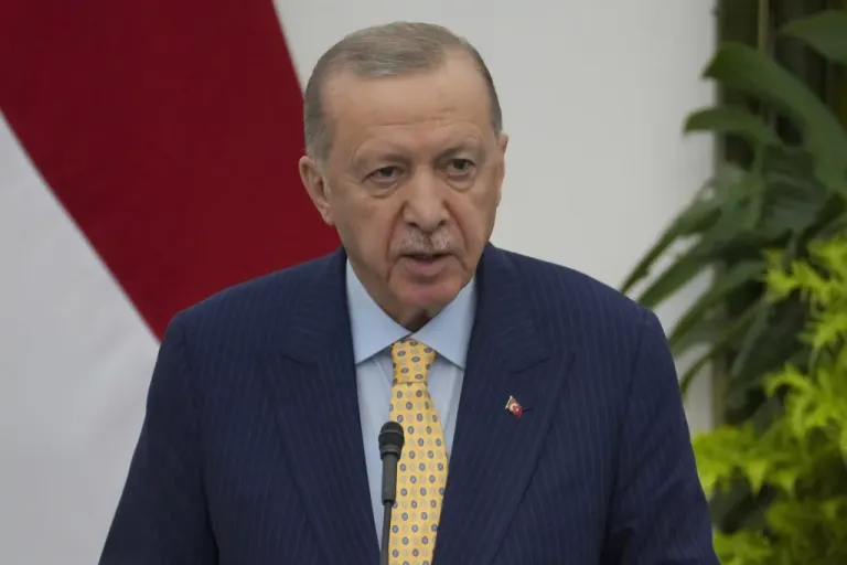 Turkish President Recep Erdogan speaks during a news conference at Bogor Presidential Palace.