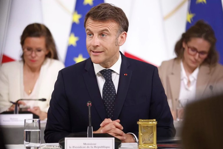 French President Emmanuel Macron chairs a meeting with representatives of the sectors affected by new tariffs announced by President Donald Trump, Thursday, April 3, 2025, at the Elysee Palace in Paris.