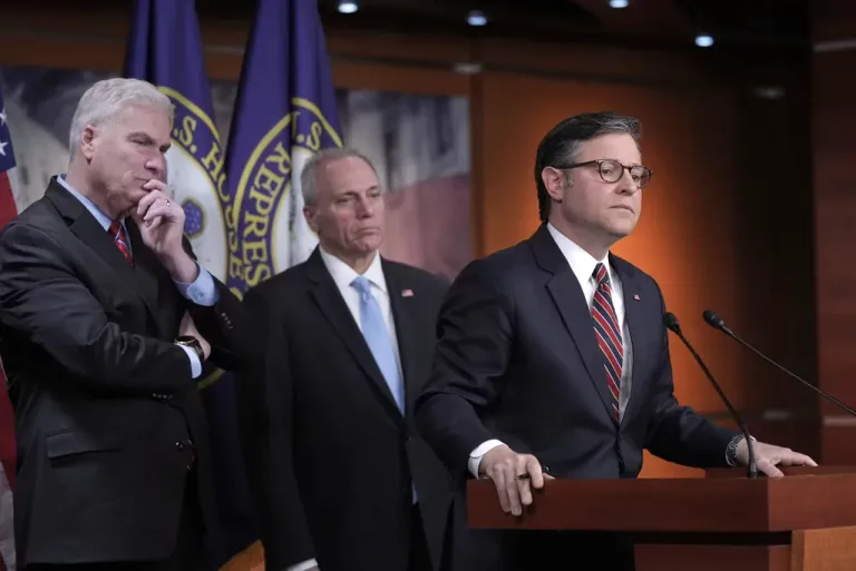 Speaker of the House Mike Johnson (R-LA), joined from left by House Majority Whip Tom Emmer (R-MN) and House Majority Leader Steve Scalise (R-LA), talks to reporters about his push for a House-Senate compromise budget resolution to advance President Donald Trump's agenda, even with opposition from hard-line conservative Republicans, at the Capitol in Washington, Tuesday, April 8, 2025.