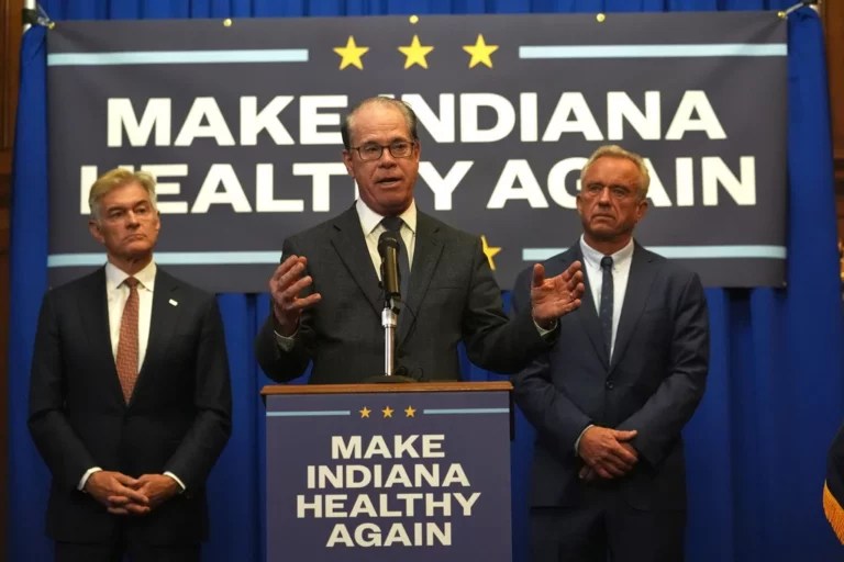 Indiana Governor Mike Braun is joined by U.S. Health and Human Services Secretary Robert F. Kennedy, Jr and Centers for Medicare and Medicaid Services Administrator Dr. Mehmet Oz as he announces his Make Indiana Healthy Again initiative in Indianapolis, Tuesday, April 15, 2025.