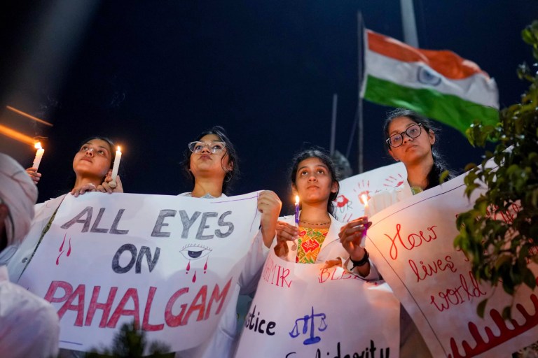 People attend a protest and solidarity march after tourists were killed near Pahalgam in Indian controlled Kashmir, northern Indian state of Uttar Pradesh, Saturday, April 26, 2025.