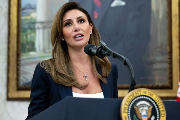 Alina Habba speaks after being sworn in as interim US Attorney General for New Jersey, in the Oval Office of the White House in Washington, Friday, March 28, 2025.
