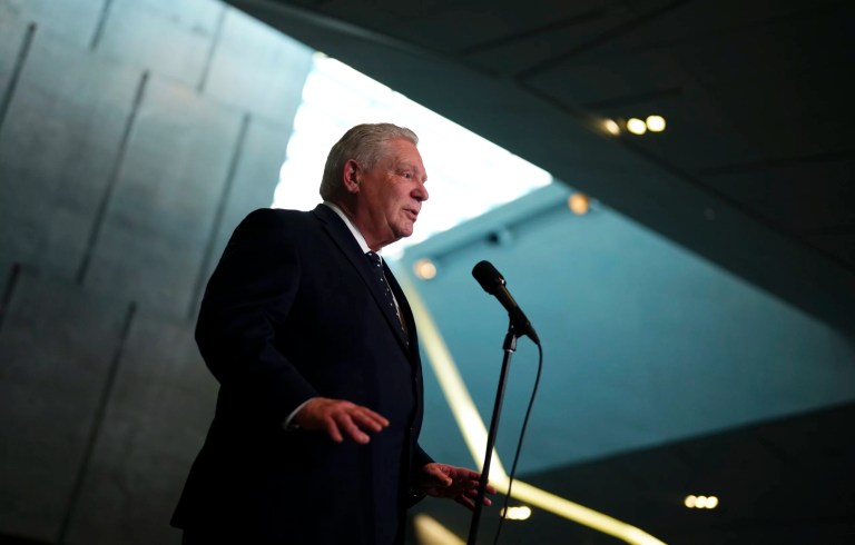 Ontario Premier Doug Ford speaks to reporters following the First Ministers Meeting at the National War Museum on Friday, March 21, 2025.