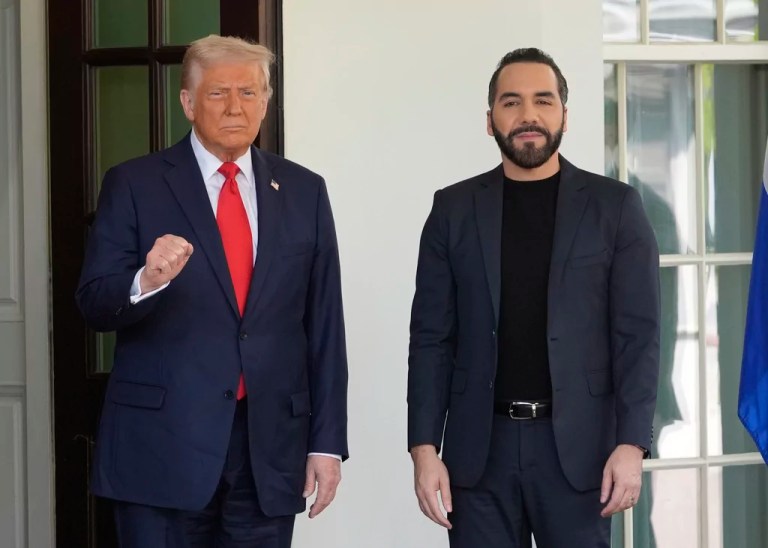 President Donald Trump, left, gestures as he greets Salvadoran President Nayib Bukele as Bukele arrives at the White House, Monday, April 14, 2025, in Washington.
