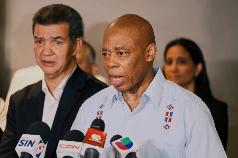 New York Mayor Eric Adams, accompanied by Dominican authorities, speaks to the press in Santo Domingo, Dominican Republic, Monday, April 14, 2025, upon arrival to pay his respects to those who died at the Jet Set nightclub after its roof collapsed.