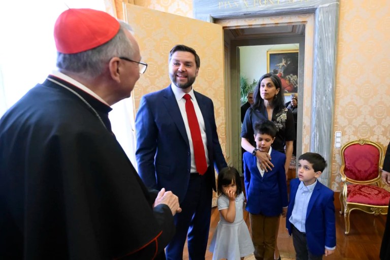 From left, Vatican Secretary of State Cardinal Pietro Parolin meets with U.S. Vice President JD Vance, his daughter Mirabel, his wife Usha, and their sons Ewan and Vivek at the Vatican, Saturday, April 19, 2025.