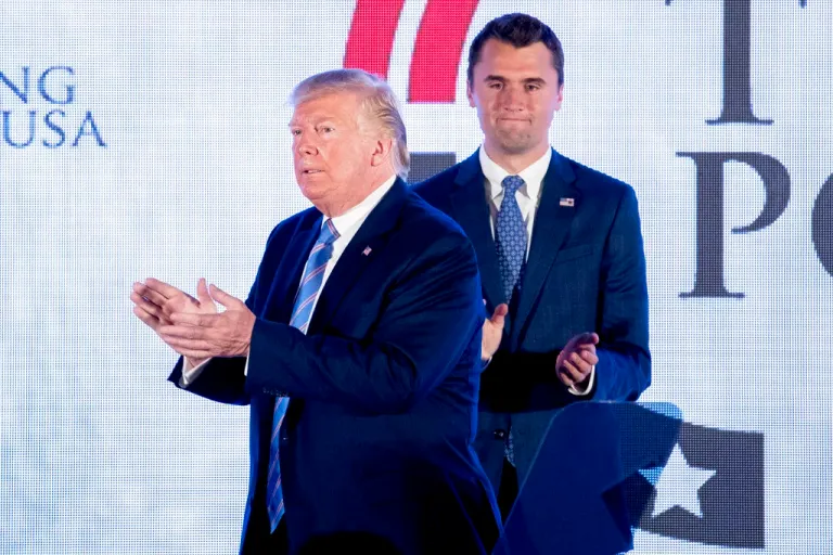 President Donald Trump is joined on stage with Turning Point USA Founder Charlie Kirk as he finishes speaking at Turning Point USA Teen Student Action Summit at the Marriott Marquis in Washington, Tuesday, July 23, 2019.