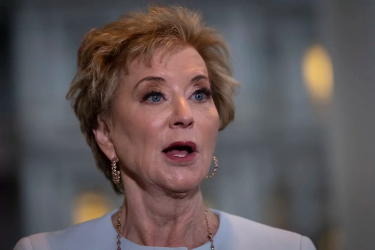 Secretary of Education Linda McMahon speaks to reporters at the White House in Washington, Thursday, March 20, 2025.