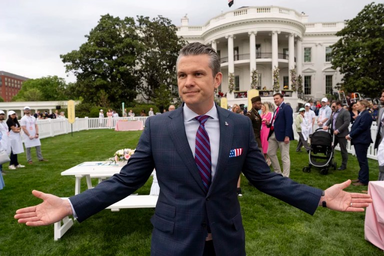 Defense Secretary Pete Hegseth speaks with reporters on the South Lawn of the White House before President Donald Trump and first lady Melania Trump participate in the White House Easter Egg Roll, Monday, April 21, 2025, in Washington.