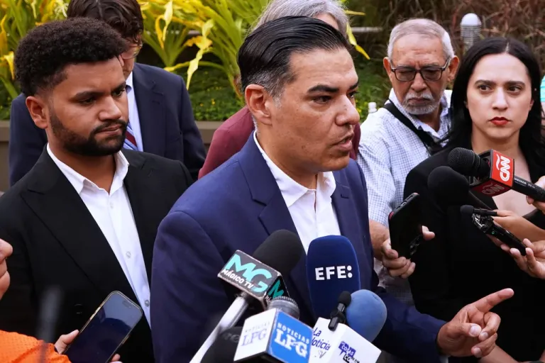 Rep. Robert Garcia, D-Calif., speaks to the media about Kilmar Abrego Garcia, a Salvadoran citizen who was living in Maryland and deported to El Salvador by the Trump administration, accompanied by Rep. Maxwell Frost, D-Fla., left, at a hotel in San Salvador, El Salvador, Monday, April 21, 2025