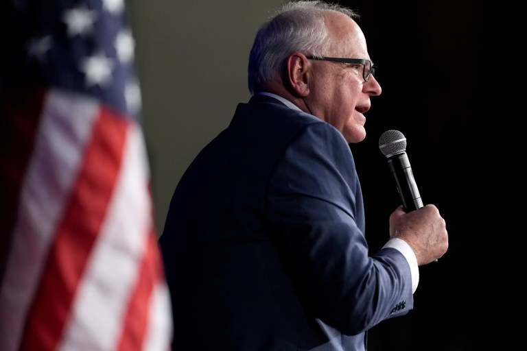 Gov. Tim Walz (D-MN) speaks at a town hall event at Roosevelt High School, Friday, March 14, 2025, in Des Moines, Iowa.