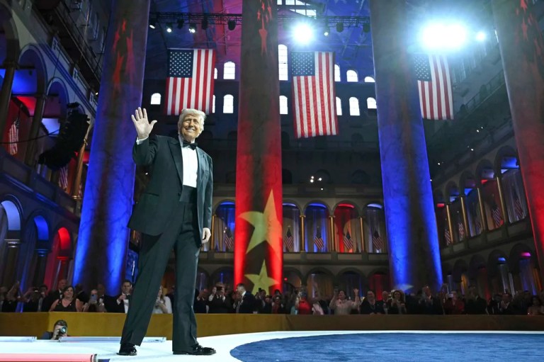 President Donald Trump arrives to speak at the National Republican Congressional Committee dinner at the National Building Museum in Washington, Tuesday, April 8, 2025.