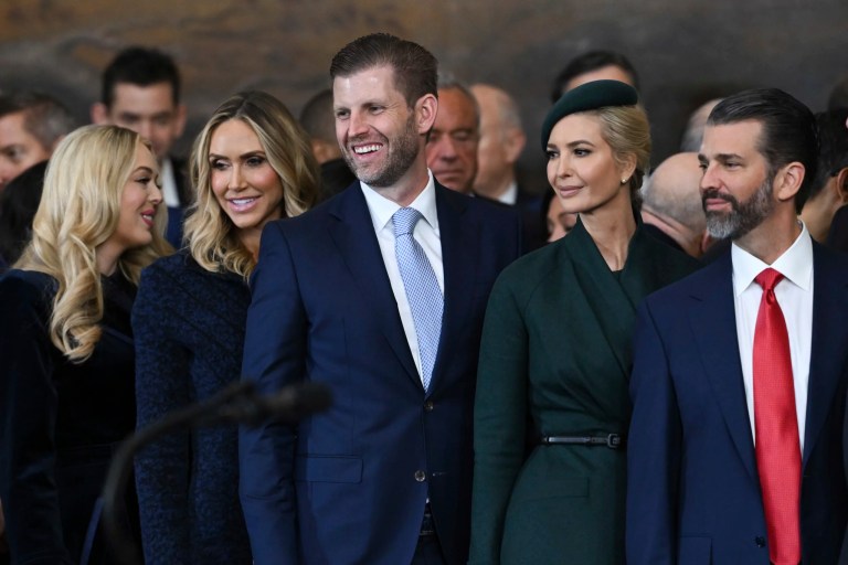 From left, Tiffany Trump, Lara Trump, Eric Trump, Ivanka Trump, and Donald Trump Jr., look on at the conclusion of the 60th Presidential Inauguration in the Rotunda of the U.S. Capitol in Washington, Monday, Jan. 20, 2025.