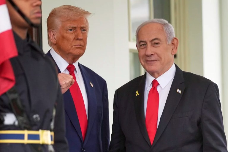 President Donald Trump, left, greets Israeli Prime Minister Benjamin Netanyahu at the White House, Monday, April 7, 2025, in Washington.
