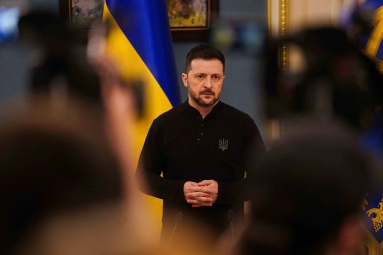 Ukrainian President Volodymyr Zelensky speaks during a press conference in Kyiv, Ukraine, Friday, April 4, 2025.