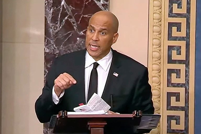 In this image provided by Senate Television, Sen, Cory Booker, D-N.J. speaks on the Senate floor, Tuesday morning, April 1, 2025.