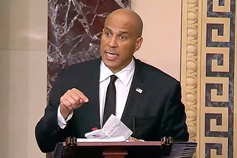 In this image provided by Senate Television, Sen, Cory Booker, D-N.J. speaks on the Senate floor, Tuesday morning, April 1, 2025.
