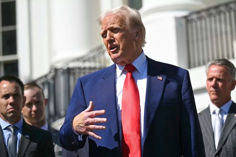 President Donald Trump speaks during an event with auto racing champions at the South Portico of the White House, Wednesday, April 9, 2025, in Washington.