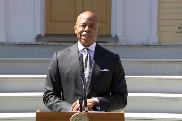 In this photo taken from video, New York mayor Eric Adams speaks after a federal judge dismissed his corruption case, Wednesday, April 2, 2025, in New York.