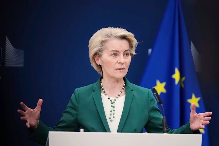European Commission President Ursula von der Leyen addresses journalists during a media conference at European Union headquarters in Brussels, Monday, April 7, 2025.