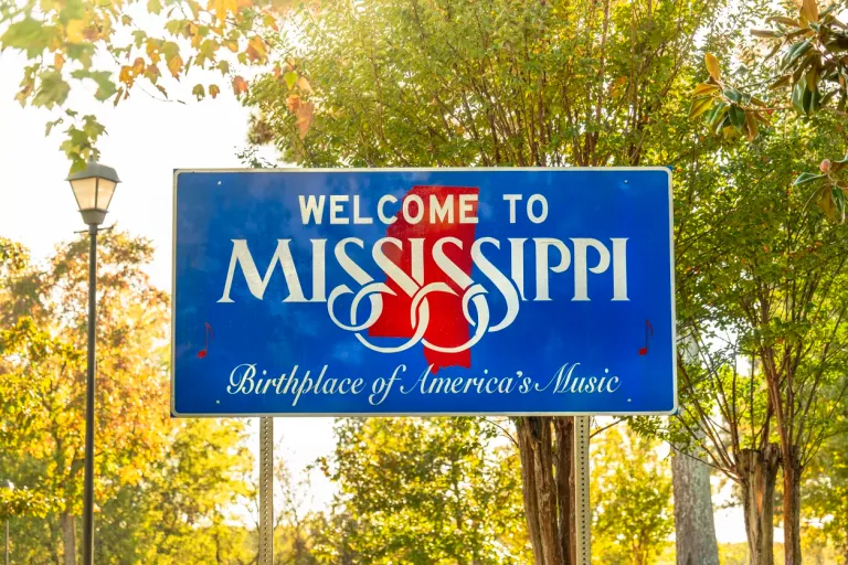 Welcome to Mississippi state border roadside entrance sign in Memphis, Tennessee, Nov. 2, 2023.
