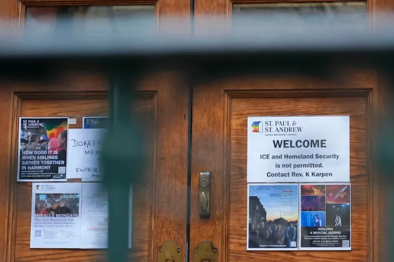 A sign that prohibits the entrance of ICE or Homeland Security is posted on a door at St. Paul and St. Andrew United Methodist Church in New York, Jan. 21, 2025.