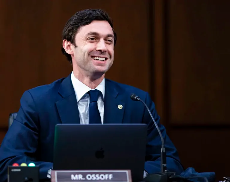 Sen. Jon Ossoff, D-Ga., speaks before the Senate Judiciary Committee, Feb. 22, 2021 on Capitol Hill in Washington. The Georgia senator is welcoming his first child. Sen. Ossoff said on social media Monday, Dec. 20, 2021 that his wife, Dr. Alisha Kramer, gave birth Friday to a daughter, Eva Beth Ossoff. (Al Drago/Pool via AP)