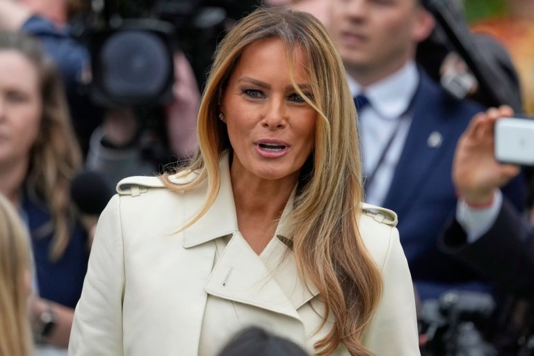 First lady Melania Trump talks to volunteers during the White House Easter Egg Roll on the South Lawn of the White House, Monday, April 21, 2025, in Washington. (AP Photo/Alex Brandon)