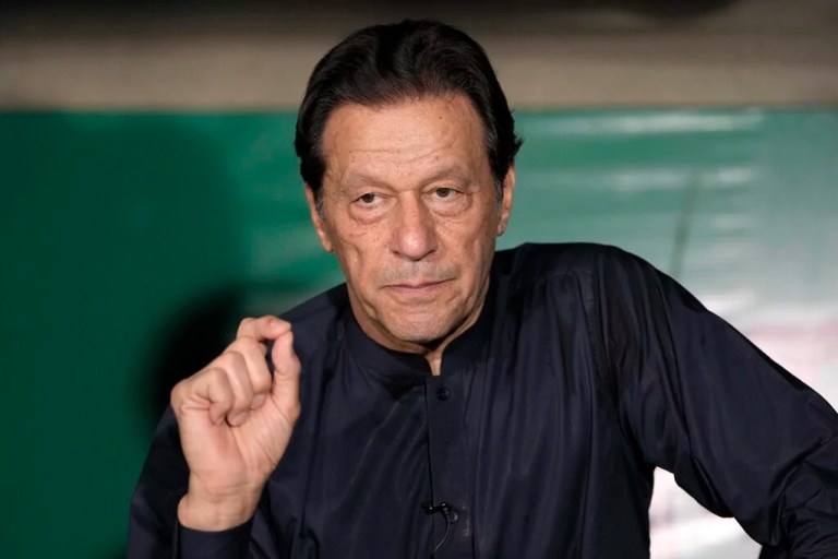 Pakistan's former Prime Minister Imran Khan gives a press conference at his home, in Lahore, Pakistan, on May 18, 2023. A Pakistani court on Saturday July 13, 2024 overturned the convictions and seven-year sentences of former Prime Minister Imran Khan and his wife, but officials quickly moved to prevent his release from prison.