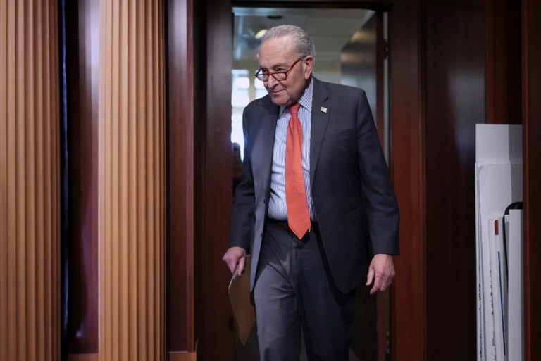 Senate Minority Leader Chuck Schumer (D-NY) arrives to speak to reporters after President Donald Trump announced a pause on his reciprocal tariffs for 90 days, excluding China, at the Capitol in Washington, Wednesday, April 9, 2025.