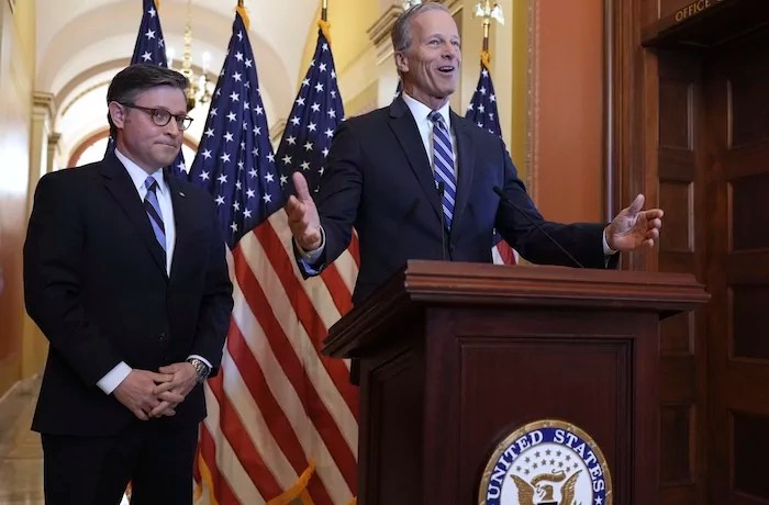 Speaker of the House Mike Johnson, R-La., left, and Senate Majority Leader John Thune, R-S.D., make statements to reporters ahead of vote in the House to pass a bill on President Donald Trump's top domestic priorities of spending reductions and tax breaks,