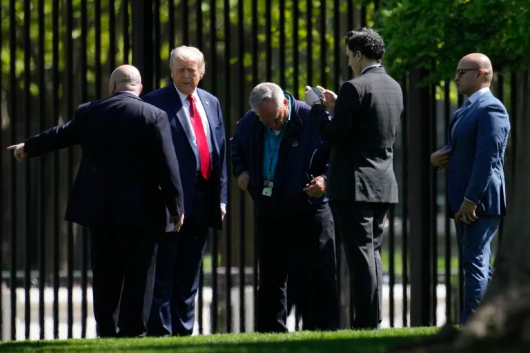 President Donald Trump went on a roughly 10 minute walk across the White House grounds Wednesday, discussing potential changes to the North Lawn.