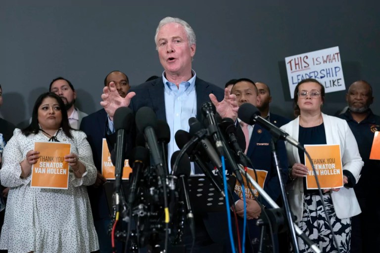 Sen. Chris Van Hollen (D-MD) speaks during a news conference upon his arrival from meeting with Kilmar Abrego Garcia in El Salvador, at Washington Dulles International Airport, in Chantilly, Virginia, Friday, April 18, 2025.