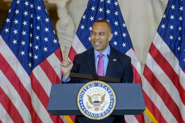 House Minority Leader Hakeem Jeffries (D-NY) speaks during a Congressional Gold Medal Ceremony honoring the U.S. Army's 6888th Central Postal Directory Battalion on Capitol Hill, Tuesday, April 29, 2025, in Washington.