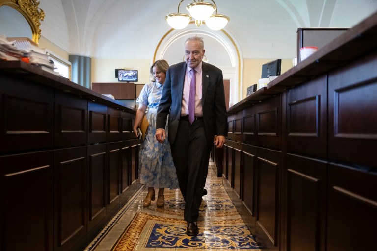 Senate Minority Leader Chuck Schumer (D-NY) departs a pen and pad with reporters at the U.S. Capitol May 1, 2025.