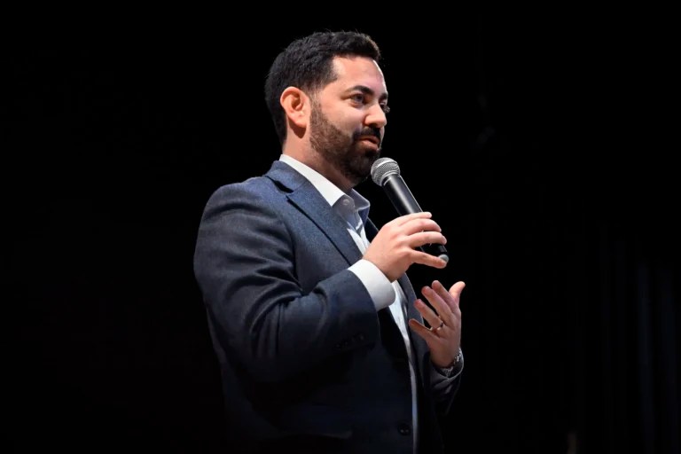 Rep. Mike Lawler (R-NY) speaks at a town hall, Sunday, May 4, 2025, in Somers, New York.