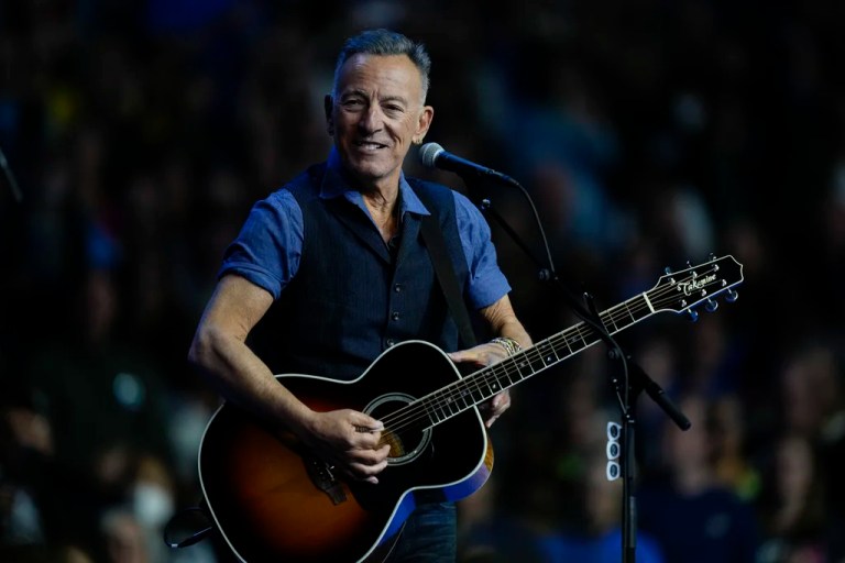 Bruce Springsteen performs at a campaign rally supporting Vice President Kamala Harris, Democratic presidential nominee, Monday, Oct. 28, 2024, in Philadelphia.