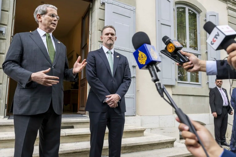 US Secretary of the Treasury Scott Bessent, left, and US Trade Representative Jamieson Greer, left, speak to the press after the second day of a bilateral meeting between the United States and China, in Geneva, Switzerland, Sunday, May 11, 2025.