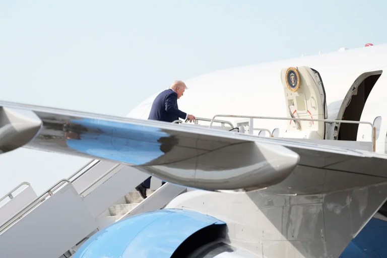 President Donald Trump boards Air Force One at Palm Beach International Airport, Sunday, May 4, 2025, in West Palm Beach, Fla.
