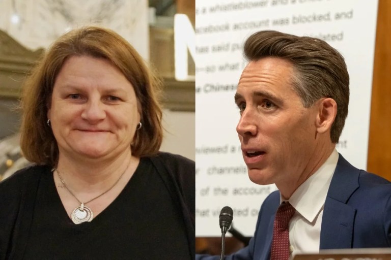 Judge Hannah Dugan, left, and Sen. Josh Hawley (R-MO), right.