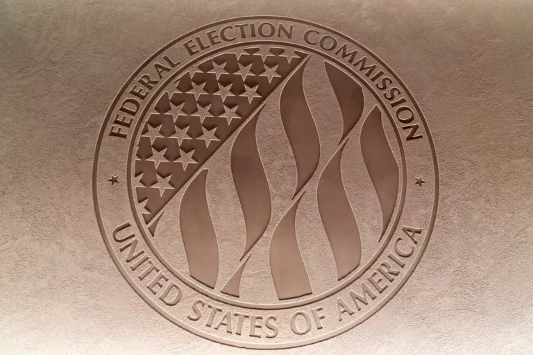 The Federal Election Commission emblem is seen at the FEC headquarters in Washington, Aug. 10, 2023.