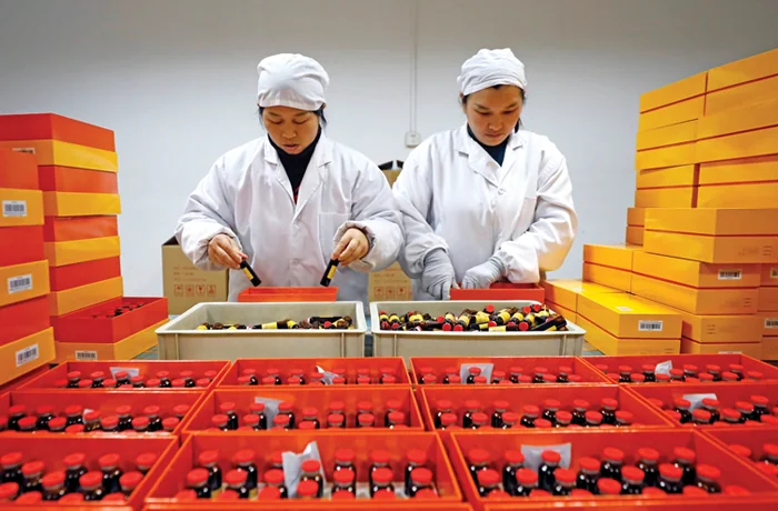 Pharmaceutical workers in China’s Jiangxi province, March 6, 2025. (Getty Images)
