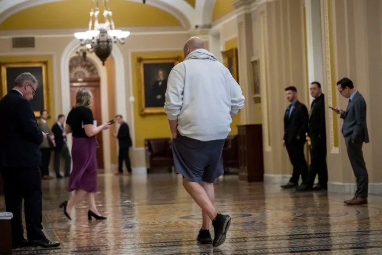 Sen. John Fetterman (D-PA) returns to the Senate chamber as the Senate works to avert a partial government shutdown ahead of the midnight deadline at the Capitol in Washington, Friday, March 14, 2025.
