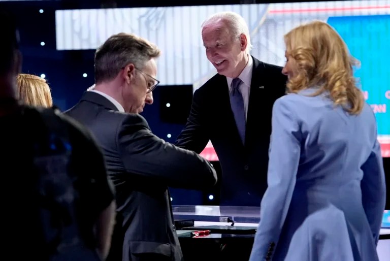 Former President Joe Biden, second right, and former first lady Jill Biden, right, greet CNN event moderators Dana Bash, from left, and Jake Tapper following a presidential debate with President Donald Trump, hosted by CNN, Thursday, June 27, 2024, in Atlanta.