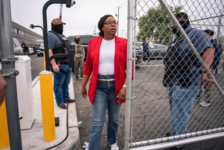 Congresswoman Rep. LaMonica McIver, D-N.J., exits the grounds at Delancey Hall ICE detention prison, Friday, May 9, 2025, in Newark, N.J, (AP Photo/Angelina Katsanis)